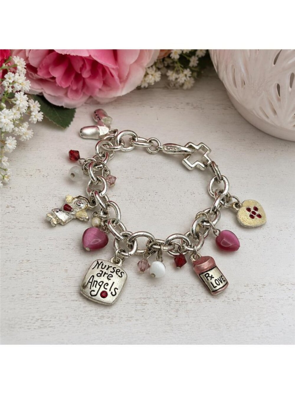 Vintage AJMC Nurse Gift Charm Bracelet Pink Hearts Rx Love 7 in Silver Tone